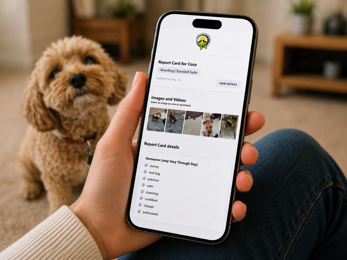 Owner holding a phone showing a dog's daily report card from Leader of the Pack, dog in the background